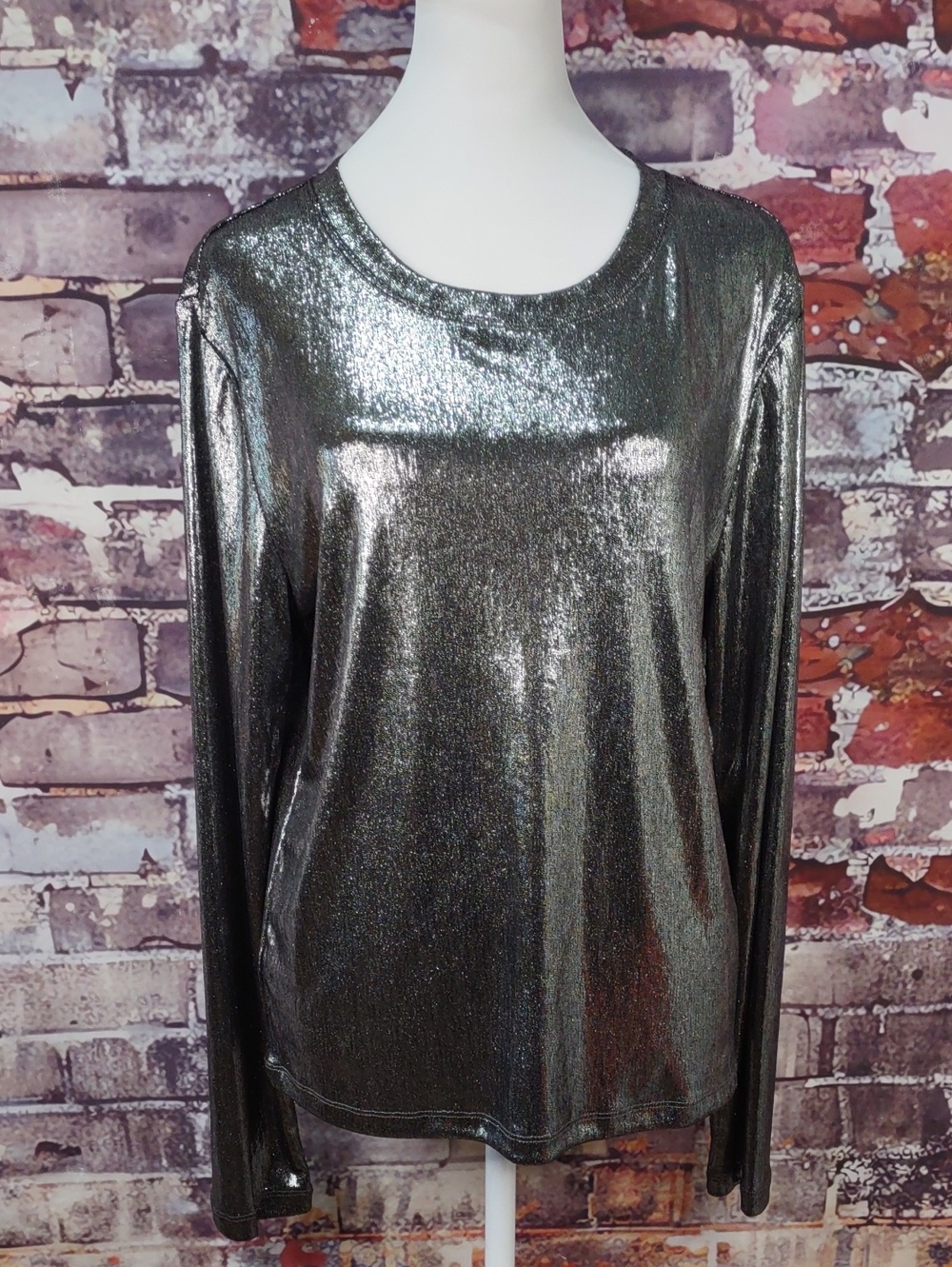 LOFT Metallic "Liquid" Silver Long-Sleeve Crewneck Top